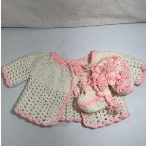 VTG Handmade Baby Crochet‎ Cardigan Set Cream Pink Tassels Booties Bonnet
